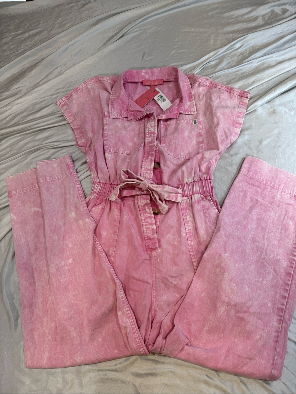 Cotton Womens Pink Tie-Waist Denim Jumpsuit